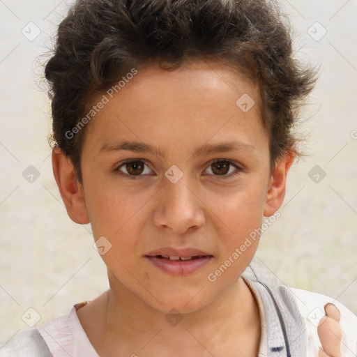 Joyful white child female with short  brown hair and brown eyes