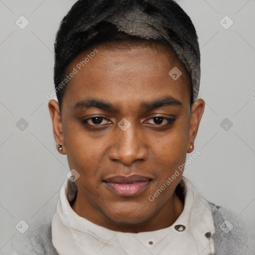 Neutral black young-adult male with short  black hair and brown eyes