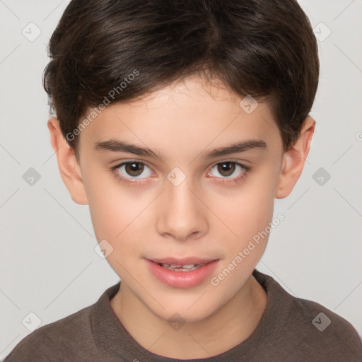 Joyful white child female with short  brown hair and brown eyes