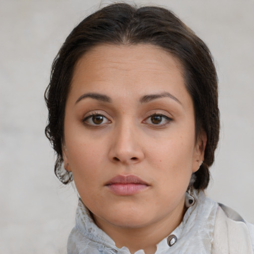 Neutral white young-adult female with medium  brown hair and brown eyes