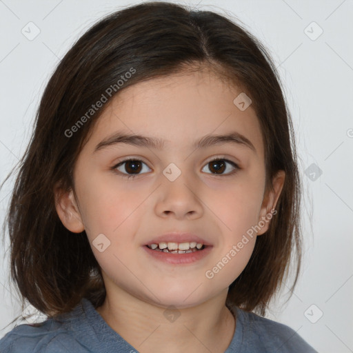 Joyful white child female with medium  brown hair and brown eyes