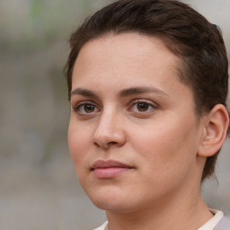 Neutral white young-adult female with short  brown hair and brown eyes