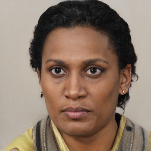 Neutral latino adult female with short  black hair and brown eyes