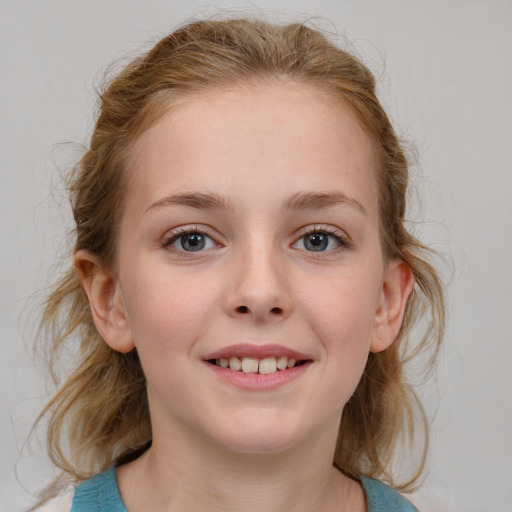 Joyful white child female with medium  brown hair and blue eyes