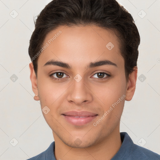 Joyful white young-adult female with short  brown hair and brown eyes