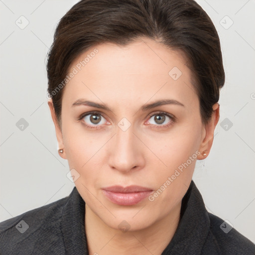 Neutral white young-adult female with short  brown hair and brown eyes