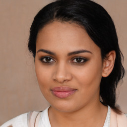 Joyful latino young-adult female with medium  black hair and brown eyes