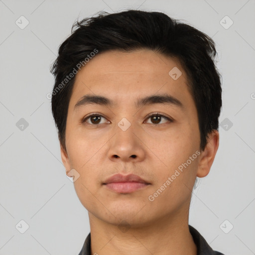 Neutral asian young-adult male with short  black hair and brown eyes