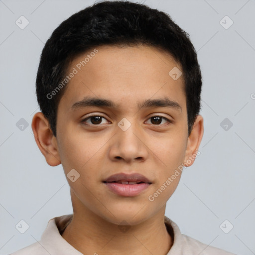 Joyful latino young-adult male with short  brown hair and brown eyes