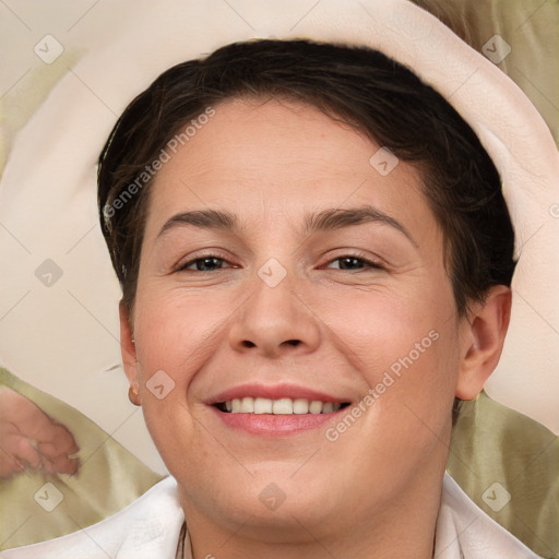 Joyful white adult female with short  brown hair and brown eyes