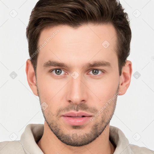 Neutral white young-adult male with short  brown hair and brown eyes