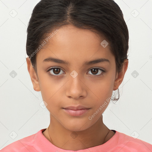 Joyful white child female with short  brown hair and brown eyes