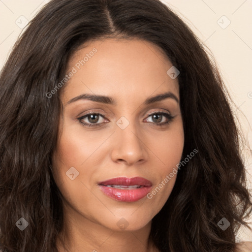 Joyful white young-adult female with long  brown hair and brown eyes