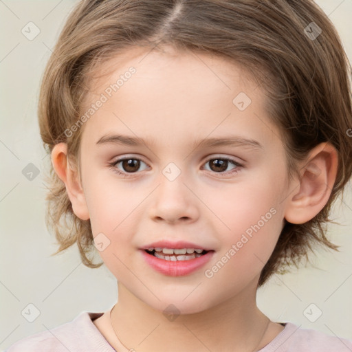 Joyful white child female with medium  brown hair and brown eyes