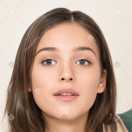 Neutral white young-adult female with long  brown hair and brown eyes