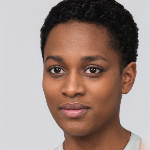 Neutral black young-adult female with short  black hair and brown eyes