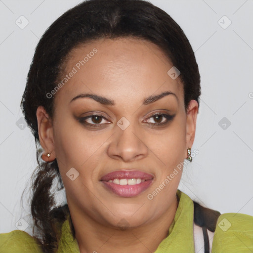 Joyful white young-adult female with medium  brown hair and brown eyes