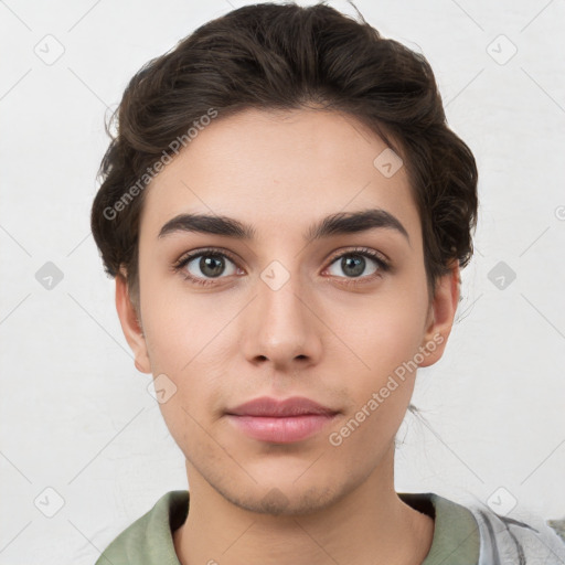 Neutral white young-adult female with medium  brown hair and brown eyes