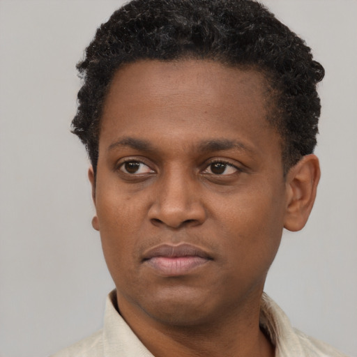 Neutral black young-adult male with short  brown hair and brown eyes