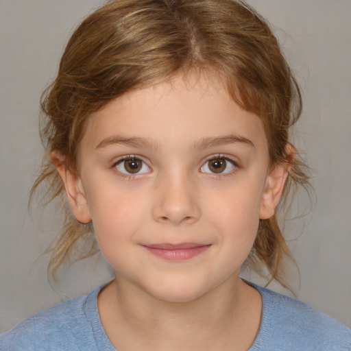 Joyful white child female with medium  brown hair and brown eyes