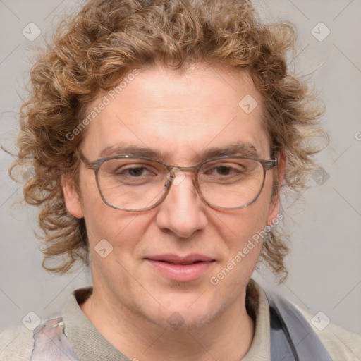 Joyful white adult male with short  brown hair and blue eyes