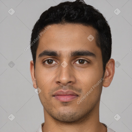 Neutral latino young-adult male with short  black hair and brown eyes