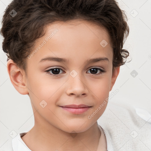 Joyful white child female with short  brown hair and brown eyes