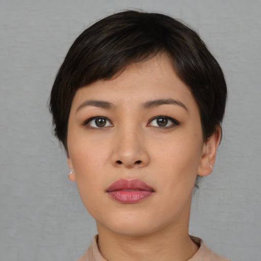 Neutral asian young-adult female with short  black hair and brown eyes