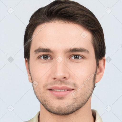 Neutral white young-adult male with short  brown hair and brown eyes