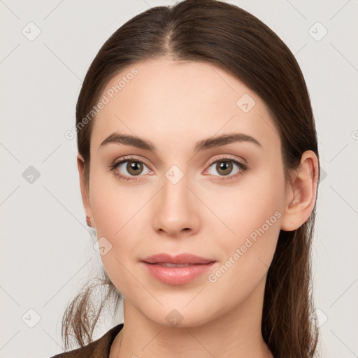 Neutral white young-adult female with long  brown hair and brown eyes