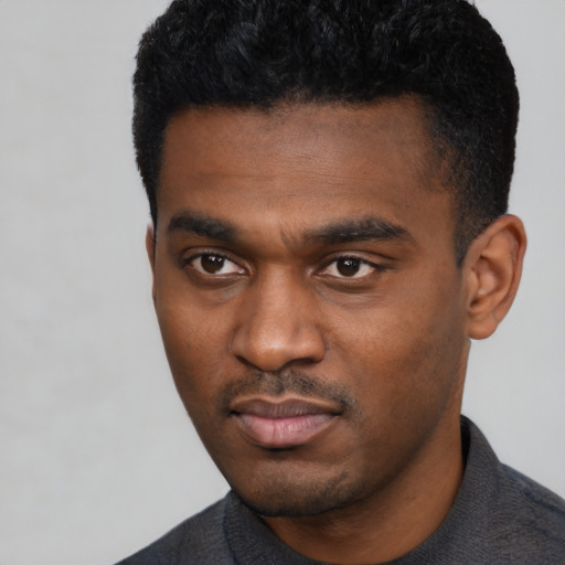Joyful black young-adult male with short  black hair and brown eyes