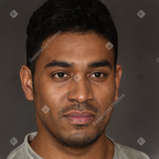 Neutral latino young-adult male with short  black hair and brown eyes
