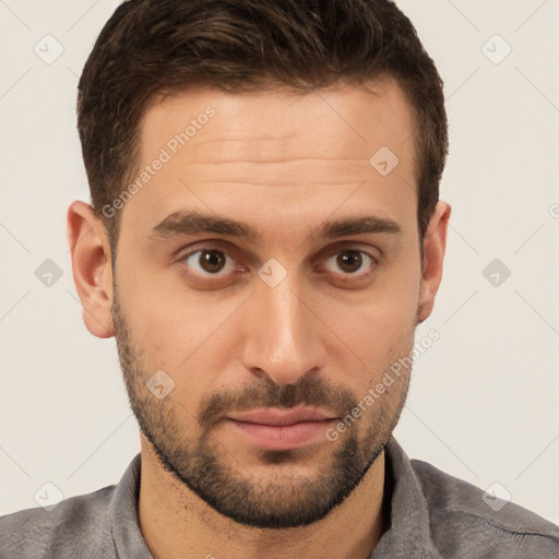 Neutral white young-adult male with short  brown hair and brown eyes