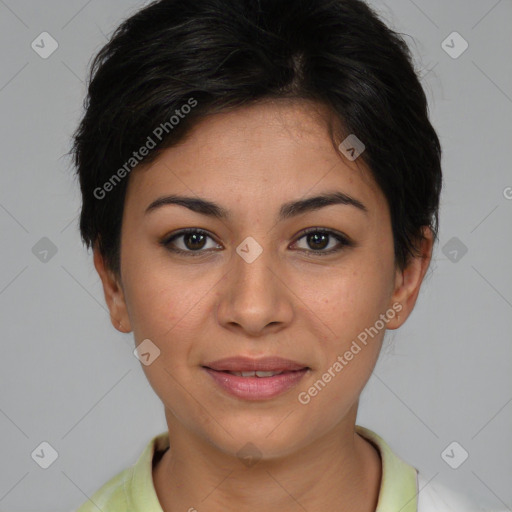 Joyful latino young-adult female with short  brown hair and brown eyes