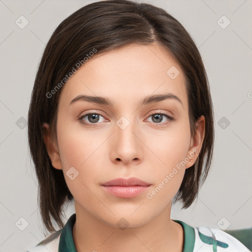 Neutral white young-adult female with medium  brown hair and brown eyes