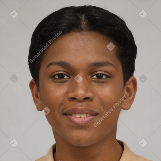 Joyful black young-adult female with short  black hair and brown eyes