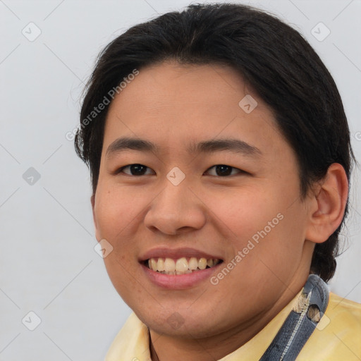 Joyful asian young-adult female with short  brown hair and brown eyes