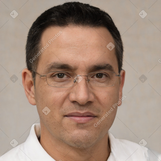 Joyful white adult male with short  brown hair and brown eyes