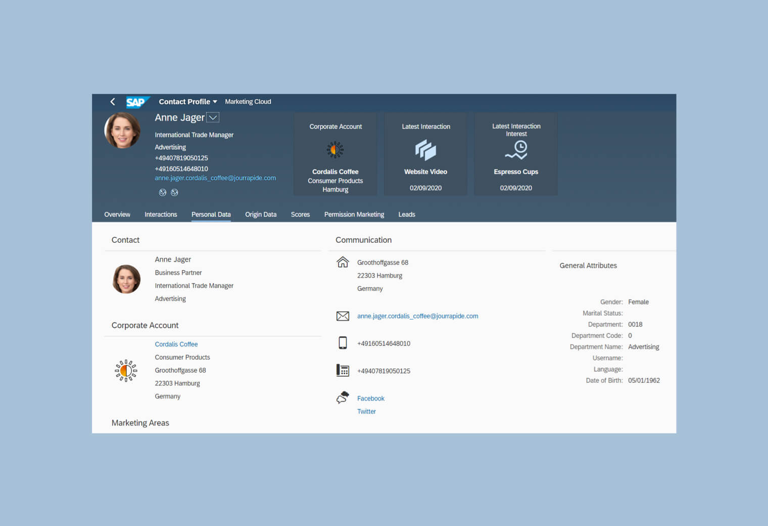 SAP Marketing Cloud contact profile interface showing Anne Jager's business information and interactions