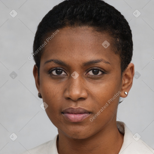 Neutral black young-adult female with short  black hair and brown eyes