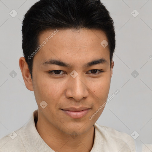 Joyful asian young-adult male with short  brown hair and brown eyes