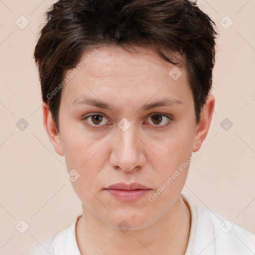 Neutral white young-adult female with short  brown hair and brown eyes