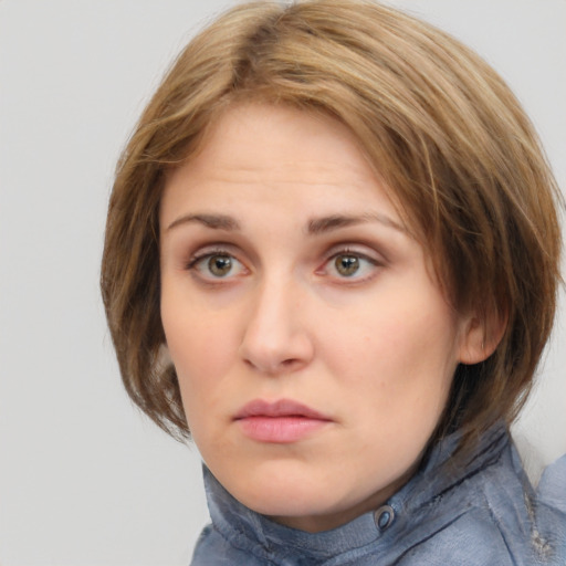 Neutral white young-adult female with medium  brown hair and grey eyes