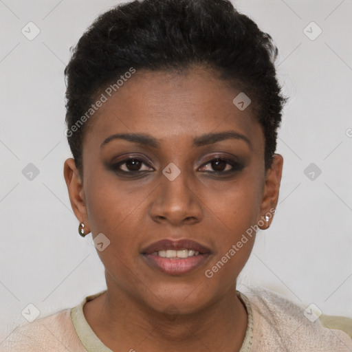 Joyful black young-adult female with short  black hair and brown eyes