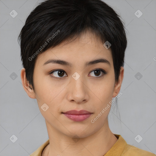 Neutral asian young-adult female with short  black hair and brown eyes
