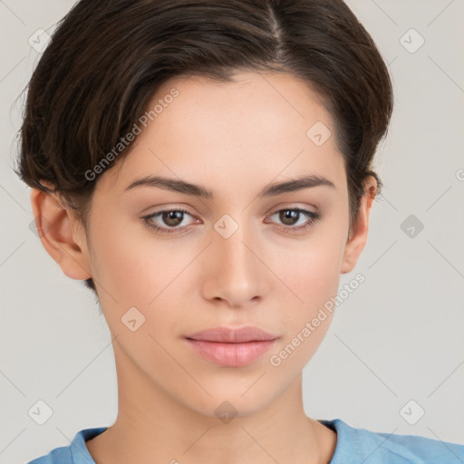 Neutral white young-adult female with short  brown hair and brown eyes