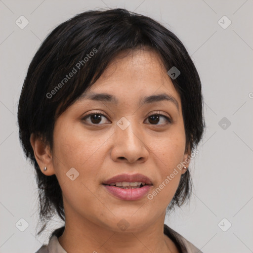 Joyful asian young-adult female with medium  brown hair and brown eyes