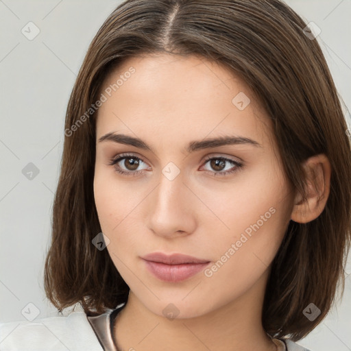 Neutral white young-adult female with medium  brown hair and brown eyes