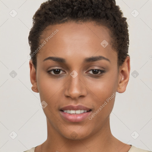 Joyful latino young-adult female with short  brown hair and brown eyes