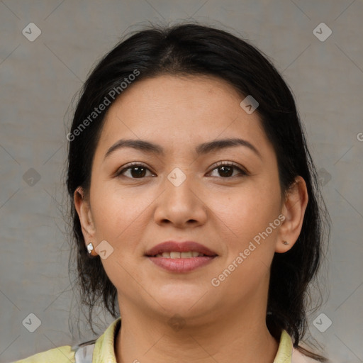 Joyful asian young-adult female with medium  brown hair and brown eyes